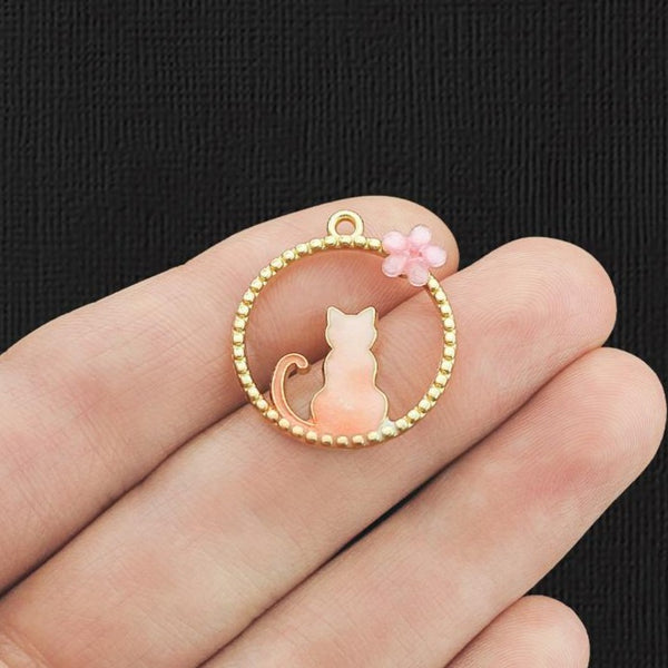 2 Pink Cat Gold Tone Enamel Charms - E1193