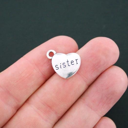 BULK 30 Sister Antique Silver Tone Charms 2 Sided- SC4690
