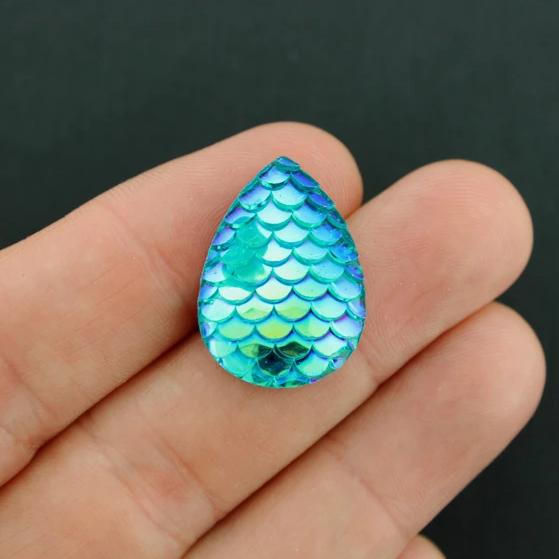 10 Teardrop Mermaid Scale Turquoise Blue Resin Cabochon Domes 25mm x 18mm - Z666