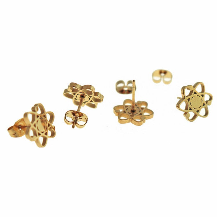 Gold Stainless Steel Earrings - Chemistry Atom Studs - 11mm - 2 Pieces 1 Pair - ER586