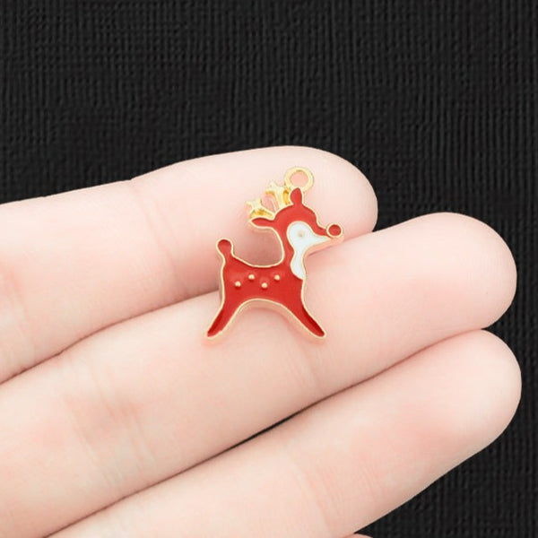 5 Red Reindeer Gold Tone Enamel Charms - E1517