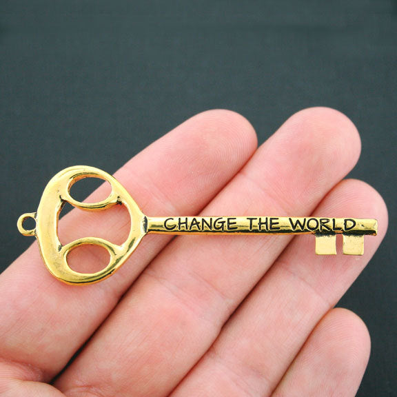 SALE Change the World Key Antique Gold Tone Charm 2 Sided - GC655