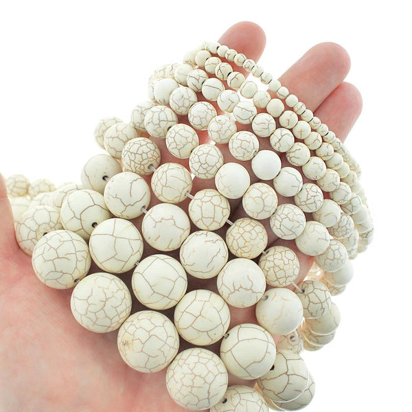 Round Natural White Turquoise Beads 4mm - 20mm - Choose Your Size - Cream Marble - 1 Full 15.5" Strand - BD1822