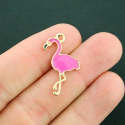 4 Pink Flamingo Gold Tone Enamel Charms - E387