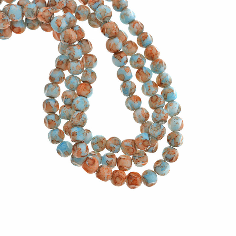Faceted Glass Beads 8mm - Blue and Beige Marble - 1 Strand 110 Beads - BD629