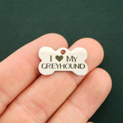 J'aime mes breloques en os de chien en acier inoxydable Greyhound - BFS020-0880