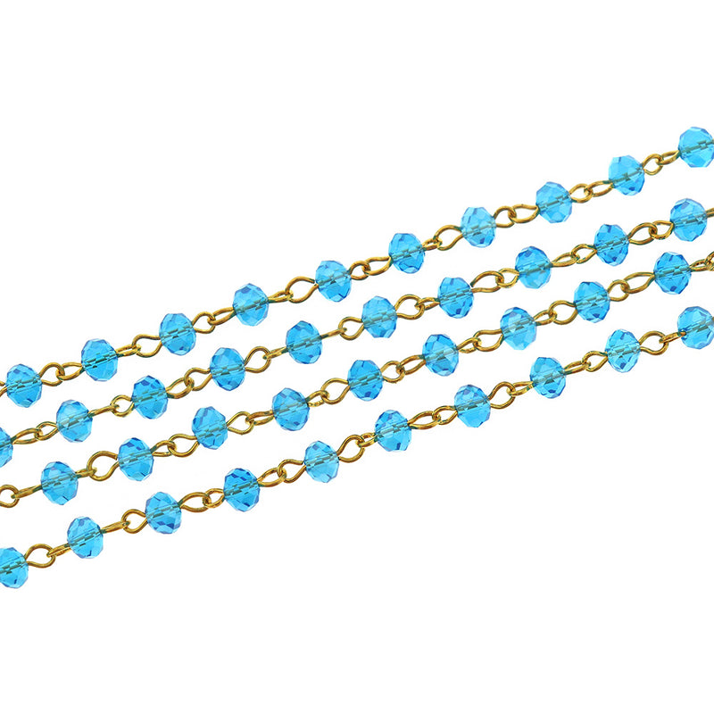BULK Beaded Rosary Chain - 6mm Rondelle Sky Blue Glass & Gold Tone - 3.3ft or 1m - RC036