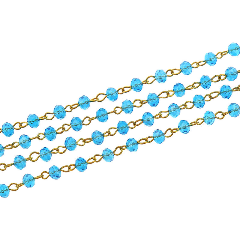 BULK Beaded Rosary Chain - 6mm Rondelle Sky Blue Glass & Gold Tone - 3.3ft or 1m - RC036