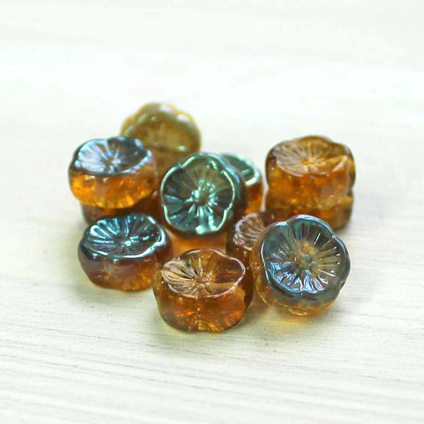 Hawaiian Flower Czech Pressed Glass Beads 12mm - Dual Metallic Turquoise Brown - 6 Beads - CB208