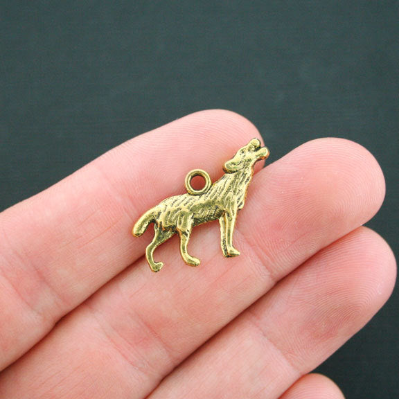 6 Wolf Antique Gold Tone Charms 2 Sided - GC026