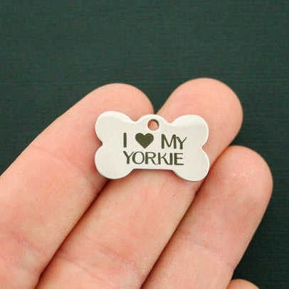 I Love My Yorkie Breloques en os de chien en acier inoxydable - BFS020-0882