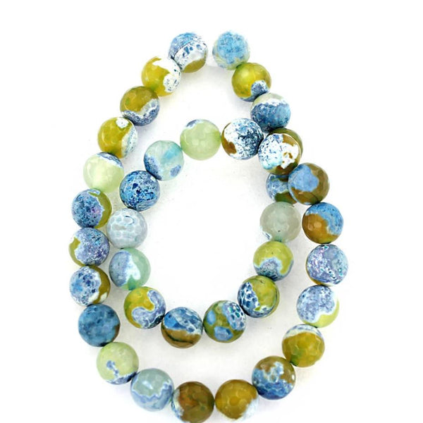 Perles rondes en agate naturelle 10 mm - Verts marbrés, bleus, bronzages et blancs - 1 brin 36 perles - BD596