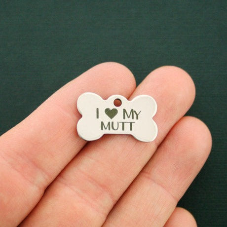 I Love My Mutt Breloques en os de chien en acier inoxydable - BFS020-0886