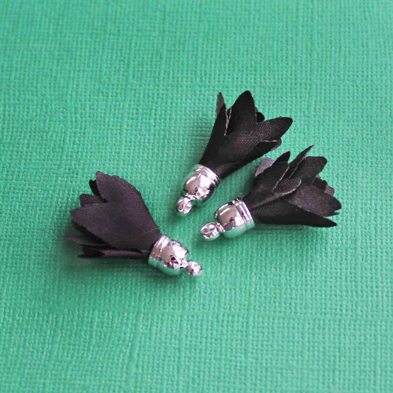 Polyester Tassels with Cap - Black and Silver Tone - 5 Pieces - Z356