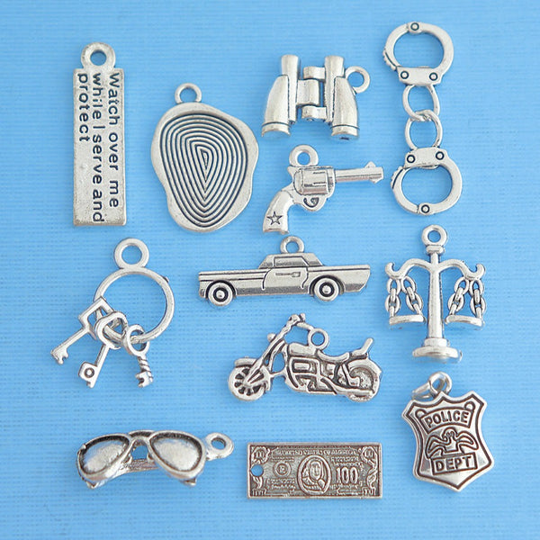 Police Charm Collection Antique Silver Tone 12 Different Charms - COL079