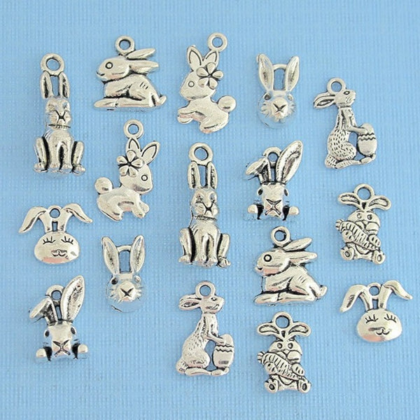 Collection de breloques lapin de Pâques ton argent antique 16 breloques - COL287