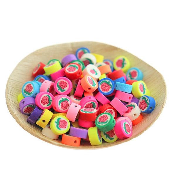 Flat Round Polymer Clay Beads 10mm - Assorted Rose Flower - 50 Beads - BD2225