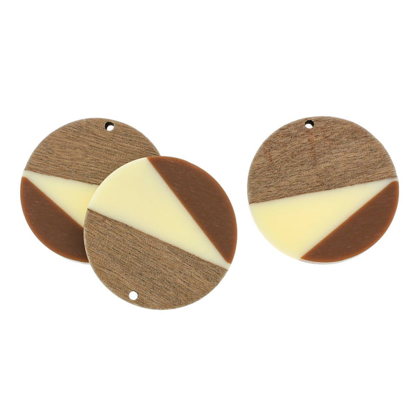 Round Natural Wood and Resin Charm 38mm - Brown and White - WP571