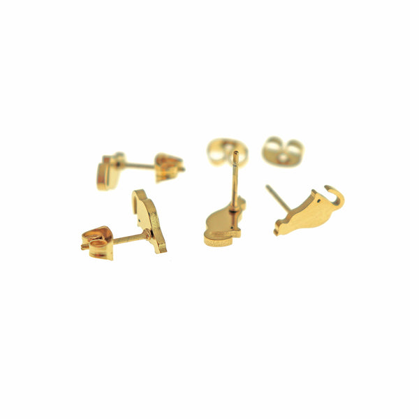 Gold Tone Stainless Steel Earrings - Cat Studs - 11mm x 5mm - 2 Pieces 1 Pair - ER966