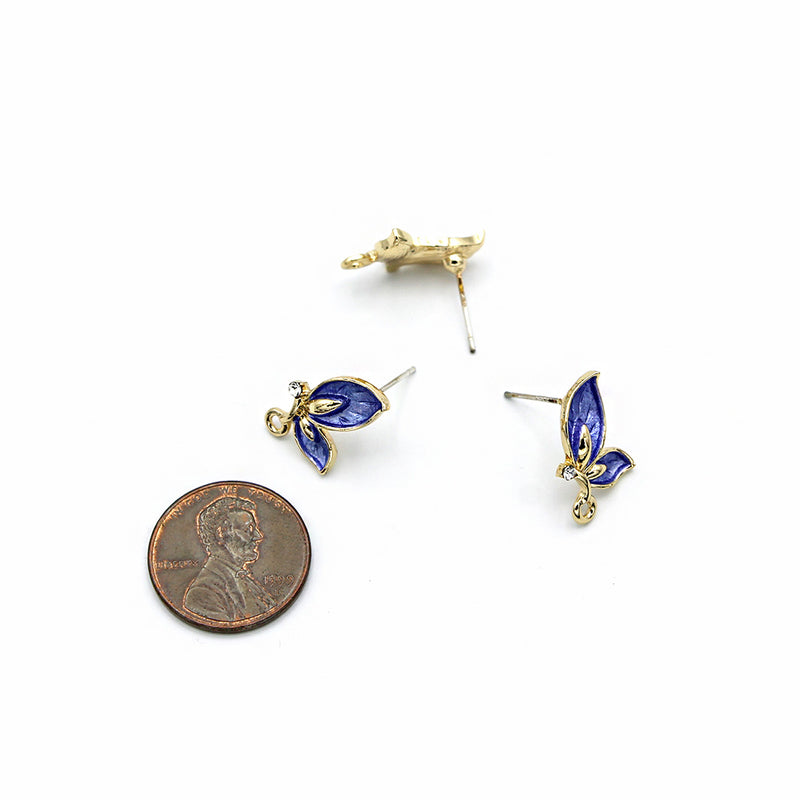Blue Rhinestone Butterfly Earrings - Gold Tone Stud With Loop - 2 Pieces 1 Pair - Z1456