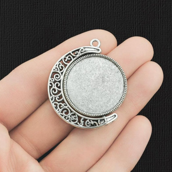 2 Crescent Moon Antique Silver Tone Charms with Cabochon Setting - SC3717