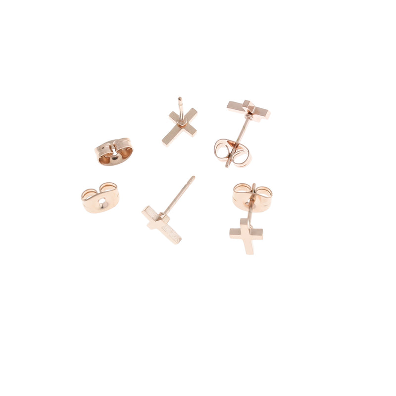 Rose Gold Stainless Steel Earrings - Cross Studs - 8mm x 5mm - 2 Pieces 1 Pair - ER397