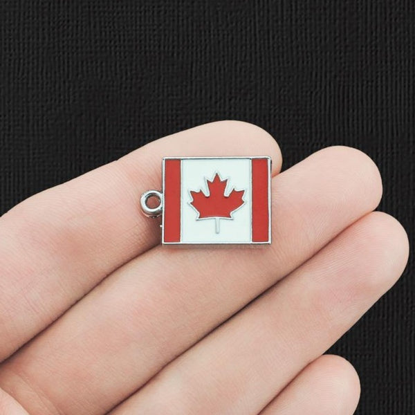 4 Canada Flag Silver Tone Enamel Charms - E078