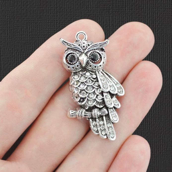 Owl Antique Silver Tone Charm With Inset Rhinestones - SC7607