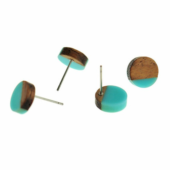 Wood Stainless Steel Earrings - Turquoise Resin Round Studs - 10mm - 2 Pieces 1 Pair - ER784