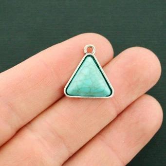 4 Turquoise Triangle Antique Silver Tone Charms with Imitation Turquoise - SC6593