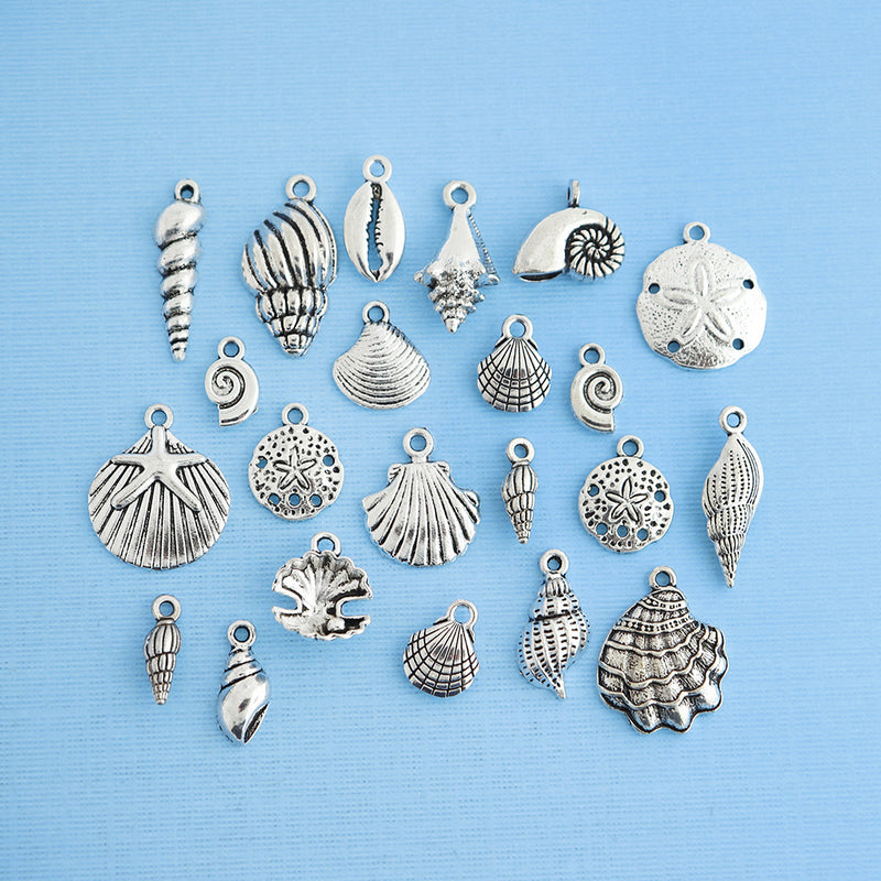 Seashell Charm Collection Deluxe Antique Silver Tone 22 breloques - COL028