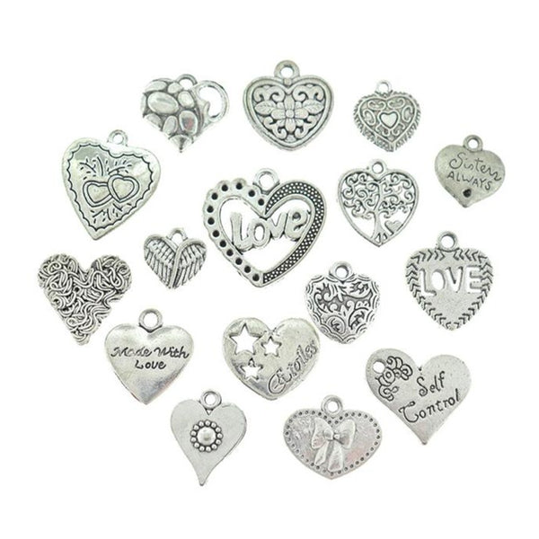Heart Charm Collection Antique Silver Tone 16 Different Charms - COL378H