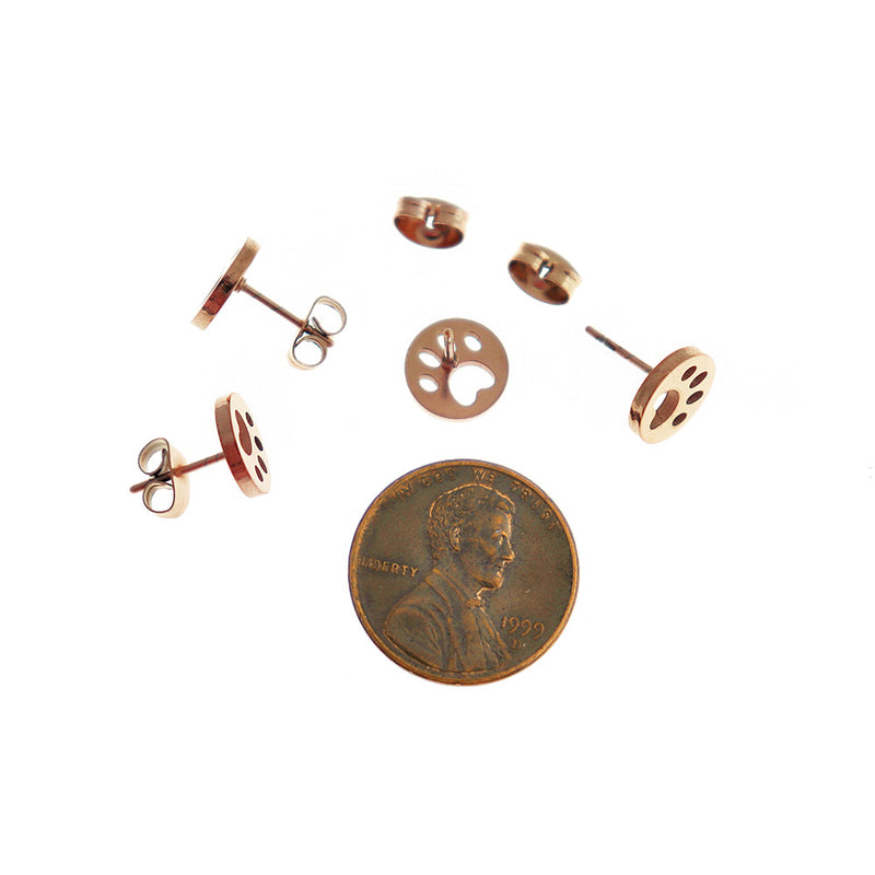 Boucles d'oreilles en acier inoxydable or rose - clous d'impression de patte - 9 mm - 2 pièces 1 paire - ER582