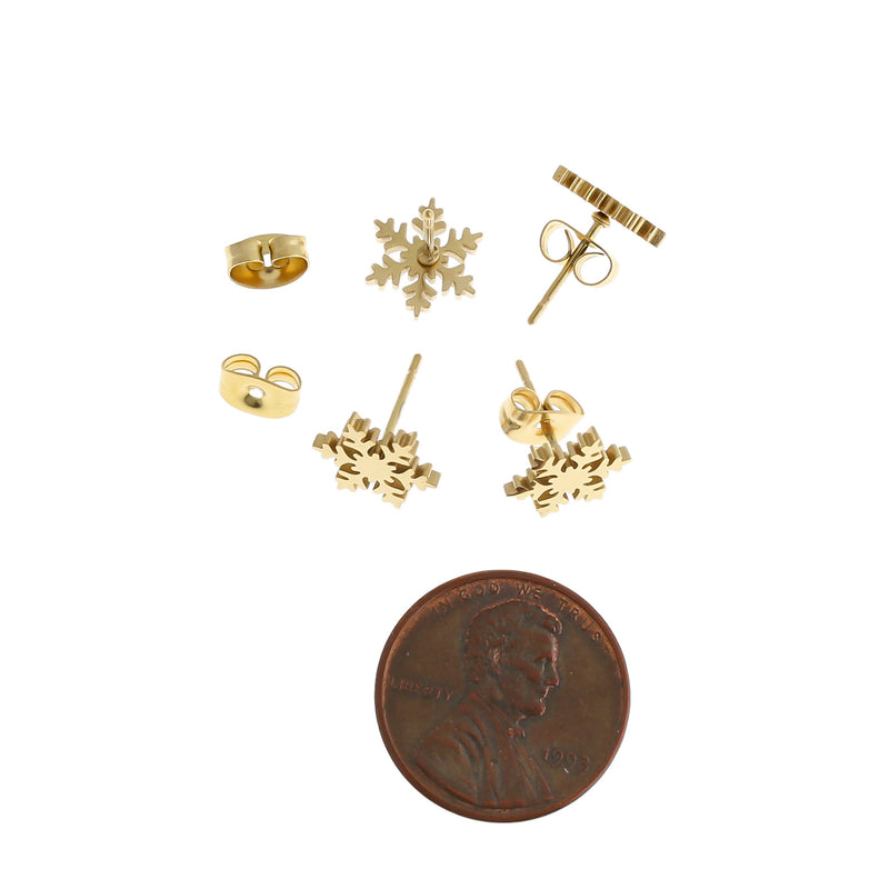 Gold Stainless Steel Earrings - Snowflake Studs - 10mm - 2 Pieces 1 Pair - ER410