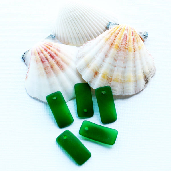 2 Emerald Green Curved Rectangle Cultured Sea Glass Charms - U063