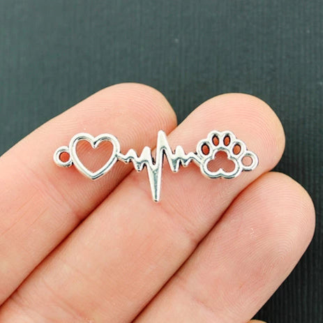 6 Heartbeat Connector Antique Silver Tone Charms 2 Sided - SC1117