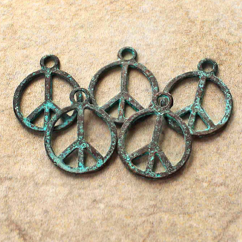2 Peace Sign Antique Copper Tone Mykonos Charms with Green Patina 2 Sided - BC1562