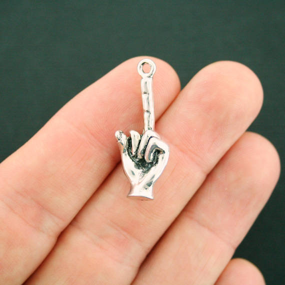 2 Middle Finger Hand Silver Tone  Charms 3D - SC7294