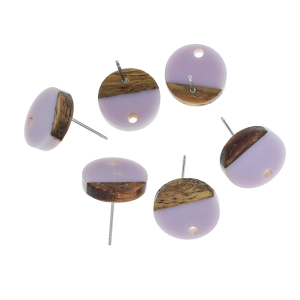 Wood Stainless Steel Earrings - Purple Resin Round Studs - 14mm - 2 Pieces 1 Pair - ER283