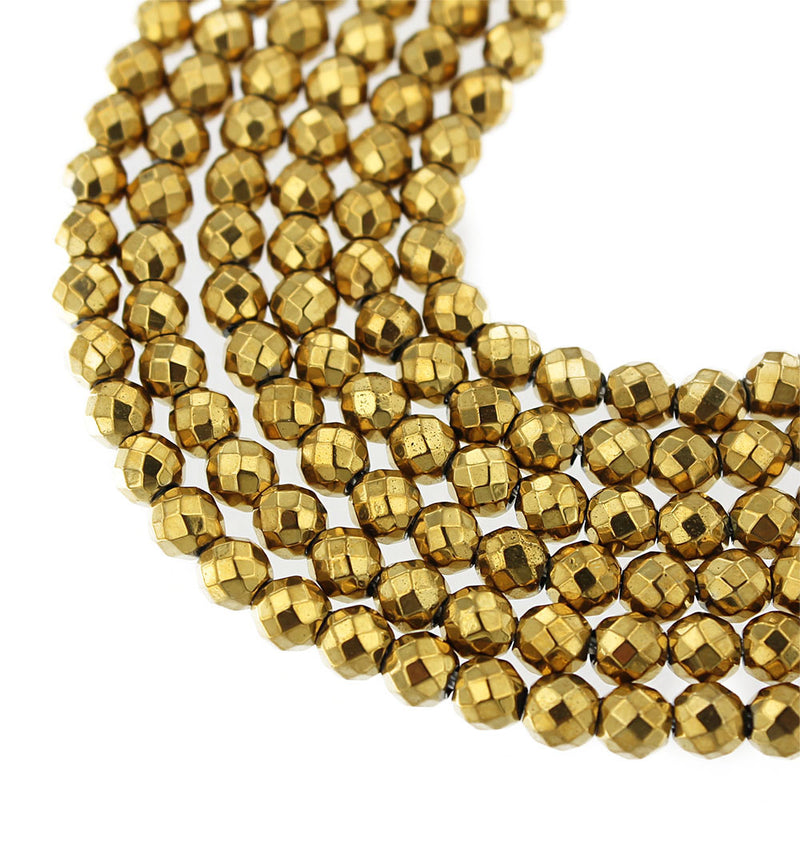 Faceted Hematite Beads 6mm - Electroplated Gold - 1 Strand 68 Beads - BD1678