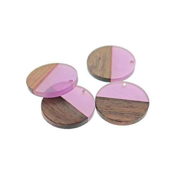 2 Round Natural Wood and Lilac Resin Charms 28mm - WP143