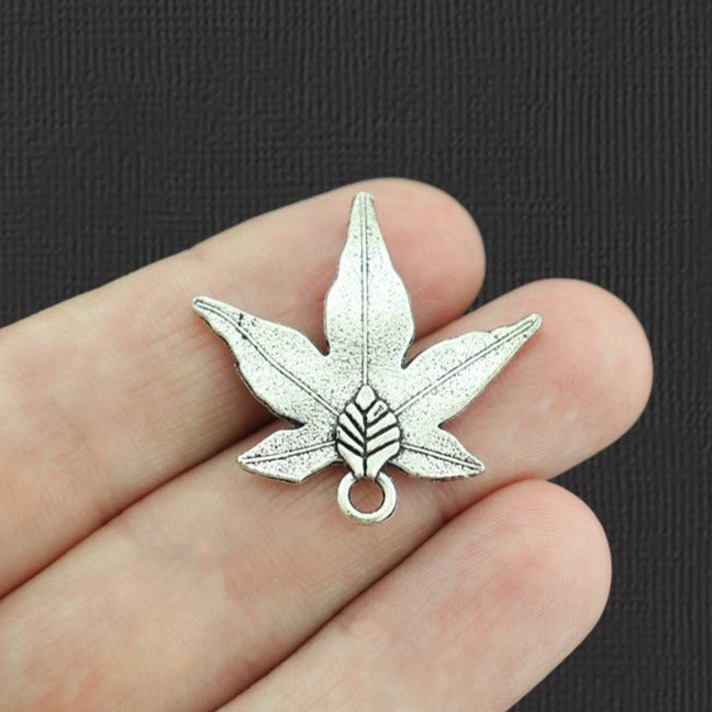 8 Weed Leaf Antique Silver Tone Charms 2 Sided - SC5608