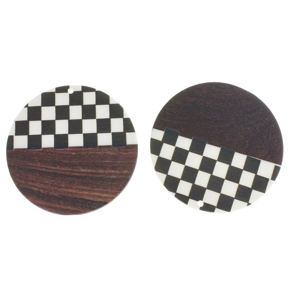 2 Round Natural Wood and Checkered Resin Charms 49mm - WP485