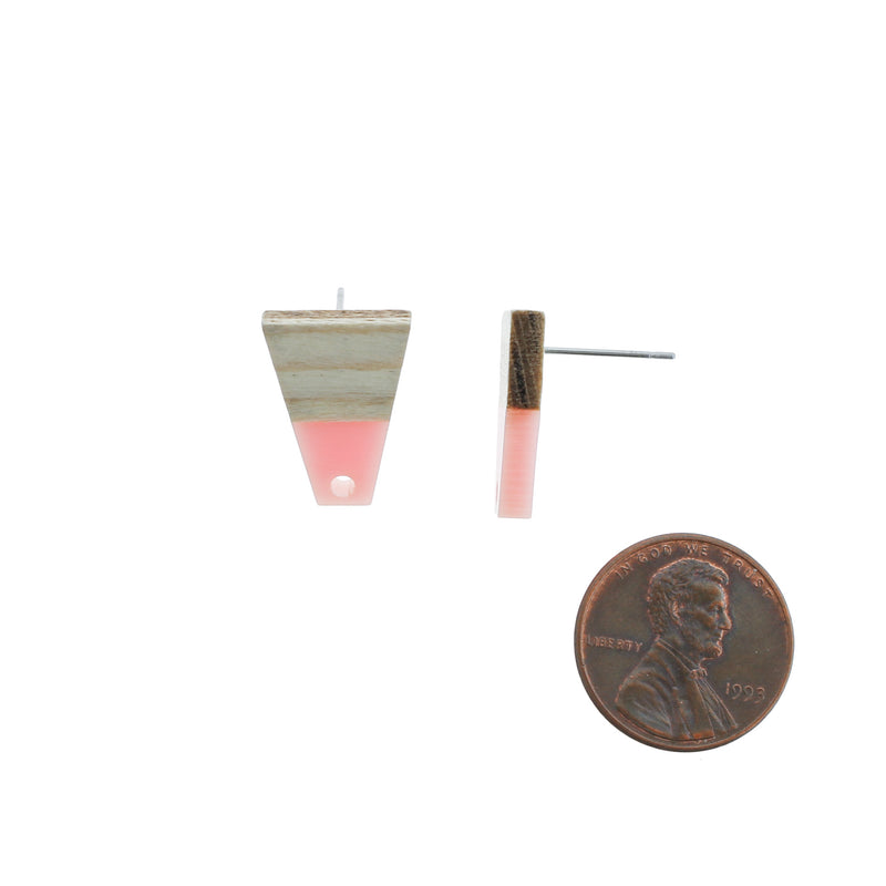 Wood Stainless Steel Earrings - Pink Geometric Resin Studs - 18mm x 12mm - 2 Pieces 1 Pair - ER116