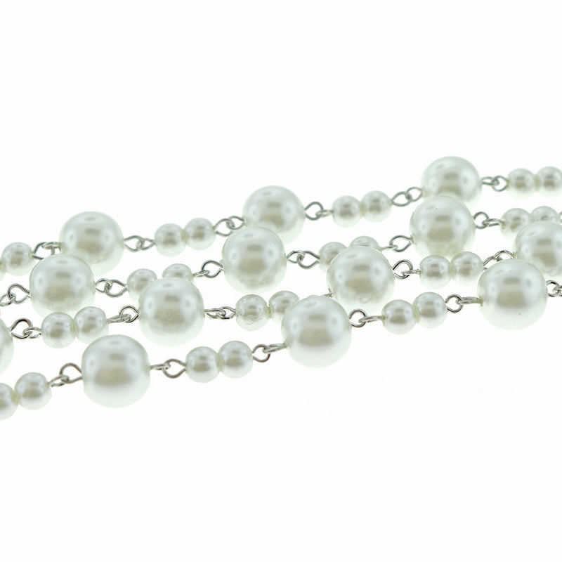 BULK Beaded Rosary Chain - 6mm White Pearl Glass & Silver Tone - 3.3ft or 1m - RC046