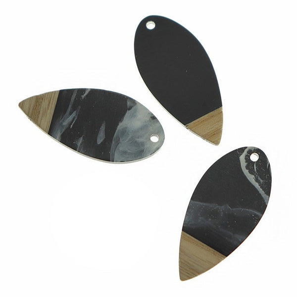 2 Teardrop Natural Wood and Resin Charms 38mm - Marbled Black - WP553