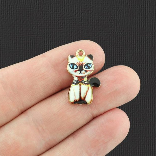 4 Black and White Cat Gold Tone Enamel Charms - E486