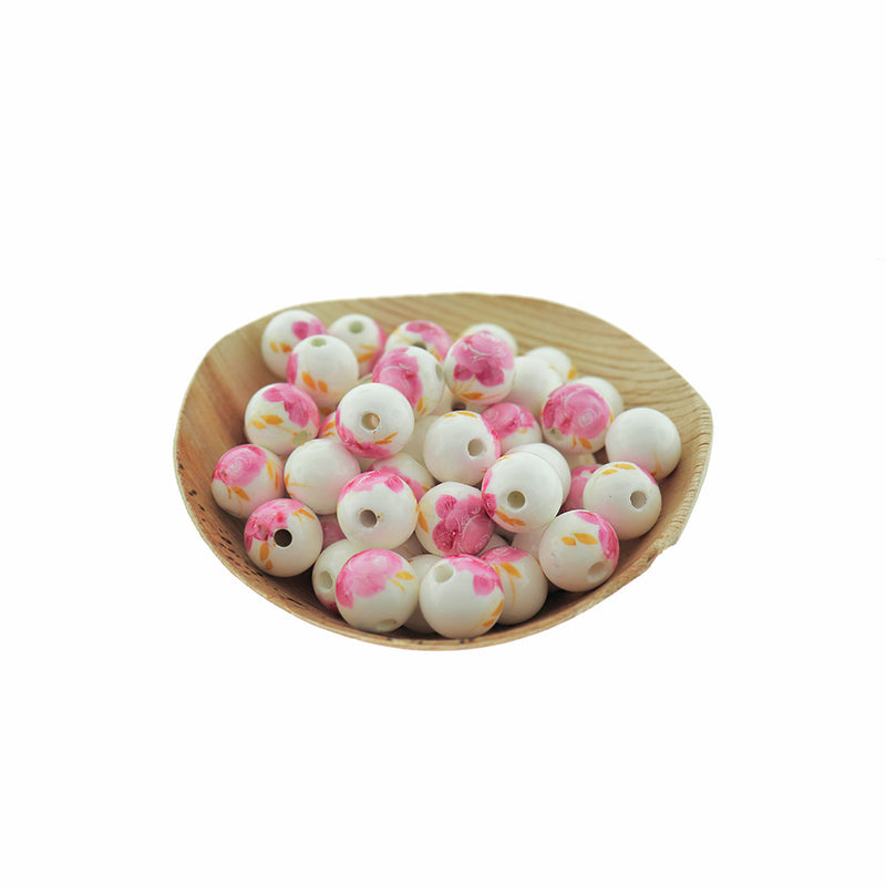 Perles Rondes en Céramique 12mm - Floral Rose et Blanc - 10 Perles - BD233