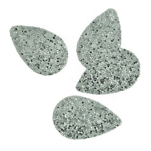 Imitation Leather Teardrop Pendants - Silver Sequin Glitter - 4 Pieces - LP266