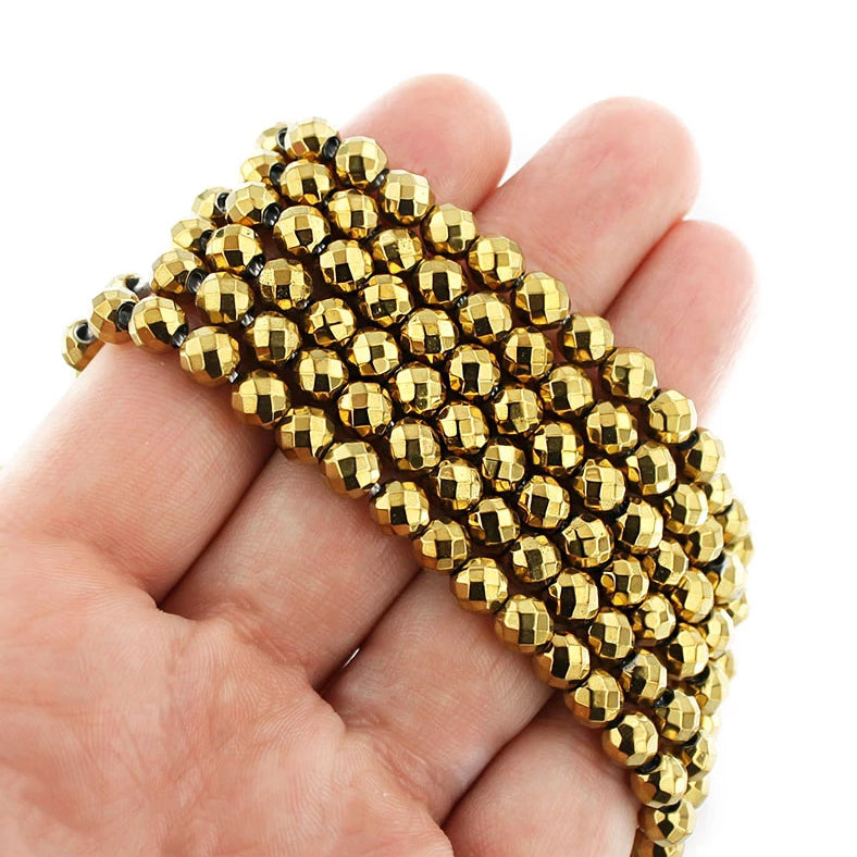 Faceted Hematite Beads 6mm - Electroplated Gold - 1 Strand 68 Beads - BD1678